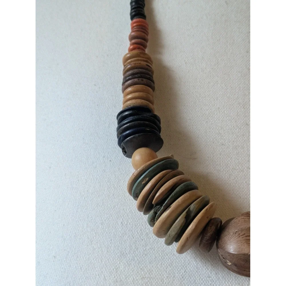Bohemian Wooden Disc Necklace In Earthy Color Scheme Artsy Artisan Vintage 22